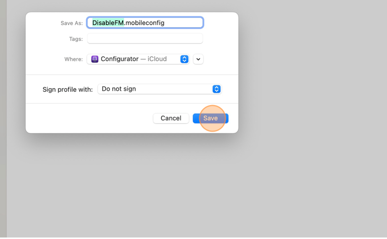 Screenshot of iMazing Profile Editor interface showing the Save button.