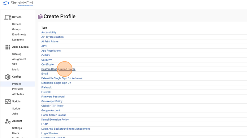 Screenshot showing the Custom Configuration Profile option in SimpleMDM.