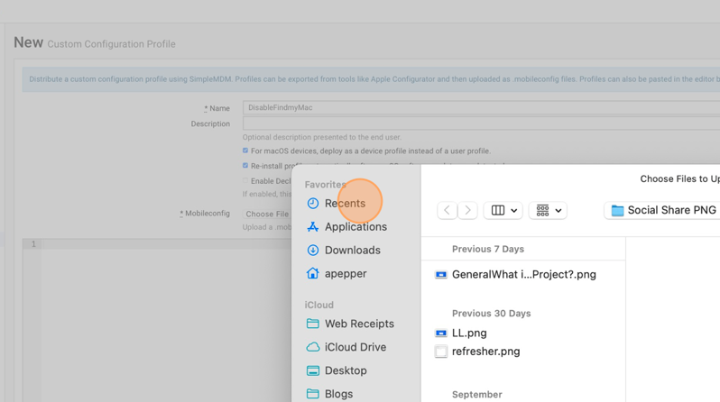 Screenshot showing the Recents section in SimpleMDM.