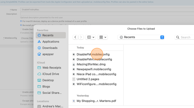 Screenshot showing the recently created mobileconfig in SimpleMDM.