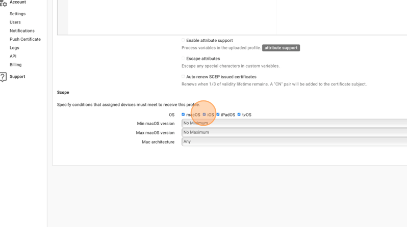 Screenshot of SimpleMDM showing checkboxes labeled macOS, iOS, iPadOS, and tvOS.