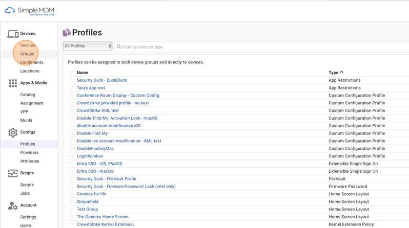 Screenshot of SimpleMDM showing the Groups section.
