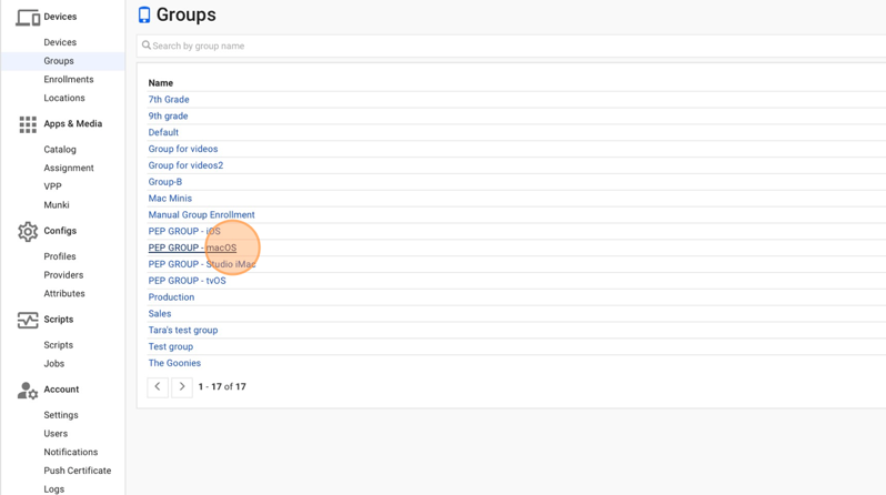 Screenshot of SimpleMDM showing the group options; PEP GROUP - macOS is highlighted.
