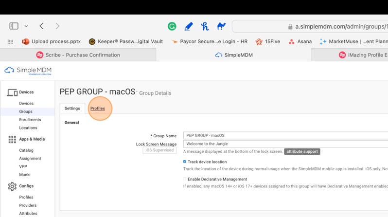 Screenshot of SimpleMDM showing the Profiles tab in PEP GROUP - macOS.