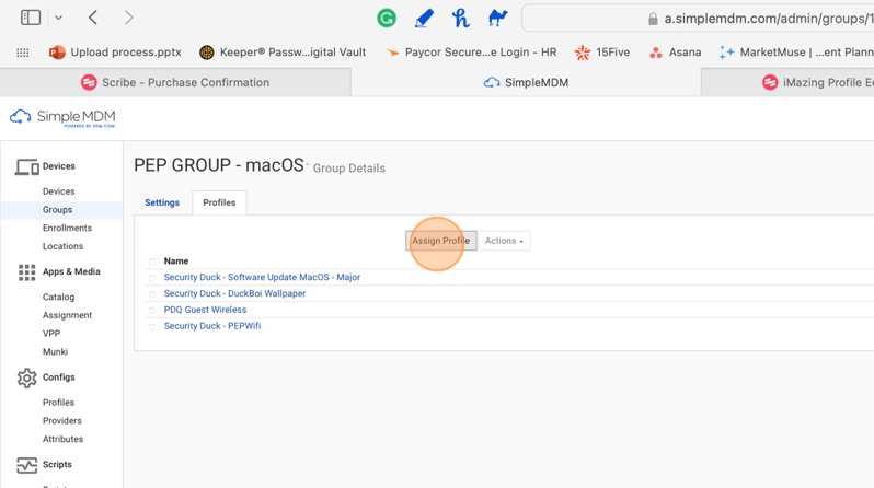 Screenshot of SimpleMDM showing the Assign Profile button Profiles tab in PEP GROUP - macOS.