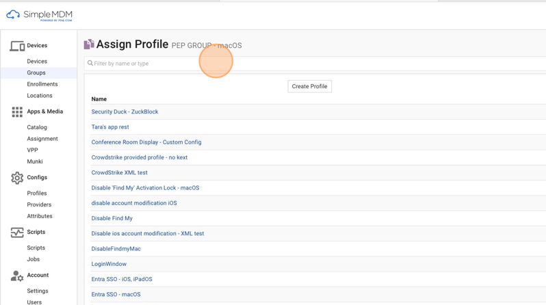 Screenshot of SimpleMDM showing the "Filter by name or type the profile name" field in the Assign Profile section for PEP GROUP - macOS.