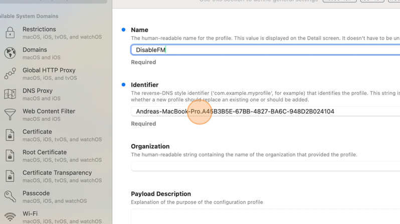 Screenshot of iMazing Profile Editor interface showing the identifier field.