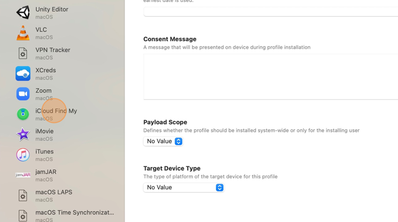 Screenshot of iMazing Profile Editor interface showing the iCloud Find My section.