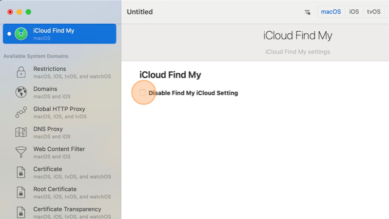 Screenshot of iMazing Profile Editor interface showing the Disable Find My iCloud Setting option.