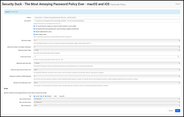 Screenshot of a completed Passcode Policy profile.